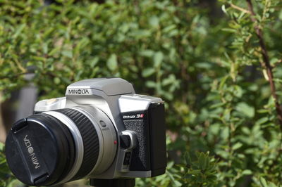 Close-up of camera against trees