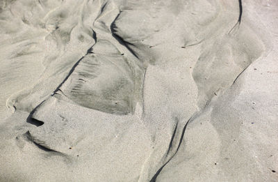 High angle view of footprints on wet sand