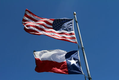 Low angle view of flags against clear blue sky