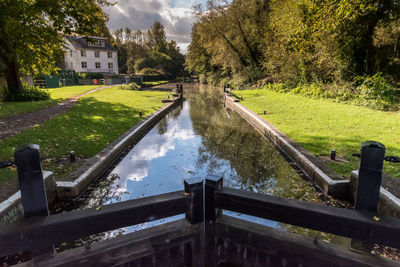 Pond in park against sky