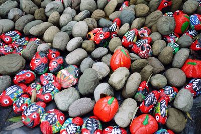 High angle view of painted stones