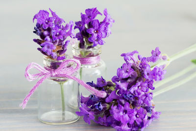 Close-up of purple flowers in glass vase on table