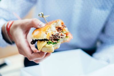 Close-up of person holding hamburger