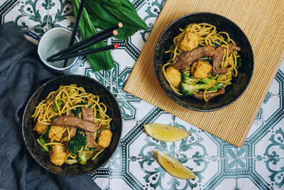 High angle view of meal served on table