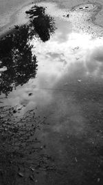 Reflection of sky on puddle