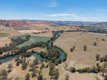 Drone view of tumut river in rural new south wales, australia, near gundagai on a sunny day.