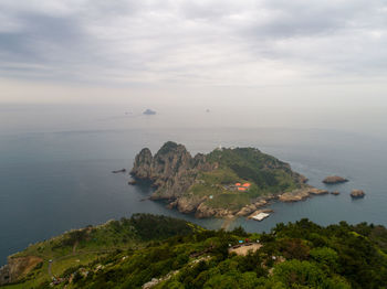 High angle view of bay against sky