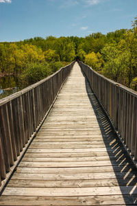 Footbridge amidst trees against sky