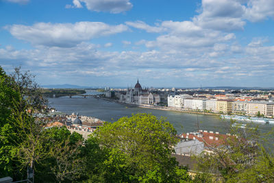 Cityscape against cloudy sky