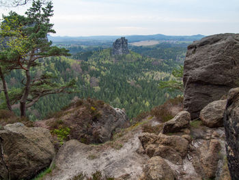 Sigle mountain rock falkenstein seen from schrammstein viewing point in saxon switzerland