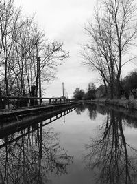 Reflection of bare trees in lake against sky