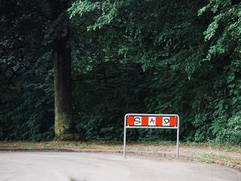 Information sign on road amidst trees in forest