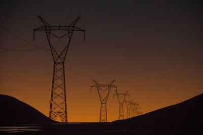 Low angle view of silhouette electricity pylon against sky during sunset