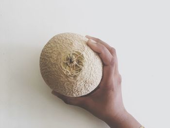 Close-up of hand holding ice cream over white background