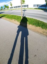 Shadow of man on road in city