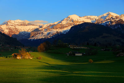 Scenic view of field and mountains during winter