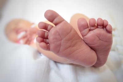 Low section of baby girl lying down on bed