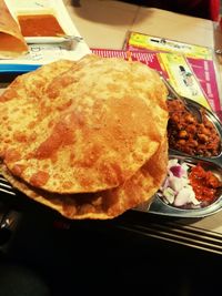 High angle view of breakfast on table