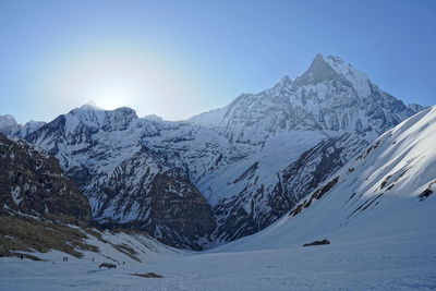 Scenic view of snowcapped mountains against clear blue sky