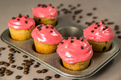 High angle view of cake in plate on table