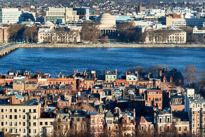 High angle view of buildings in city in the morning