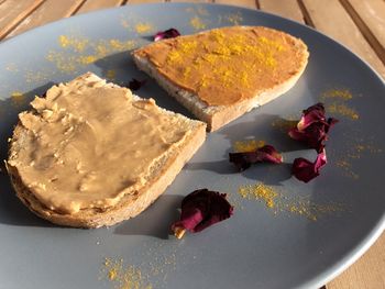 High angle view of rose on table