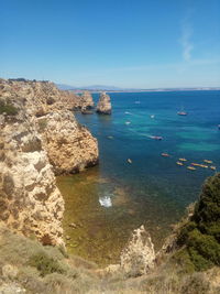 Scenic view of bay against clear sky