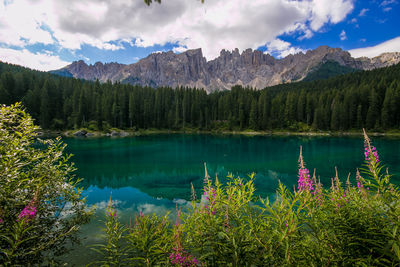 Scenic view of lake and mountains against sky