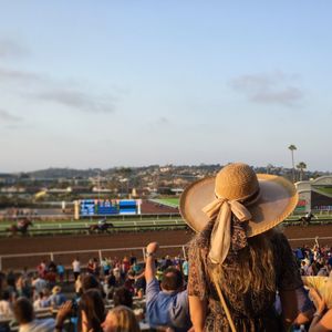 Rear view of people enjoying horse race against sky