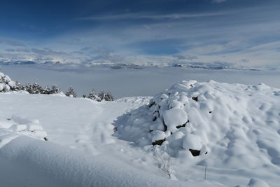 Snow covered landscape against sky