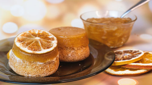Close-up of breakfast served on table