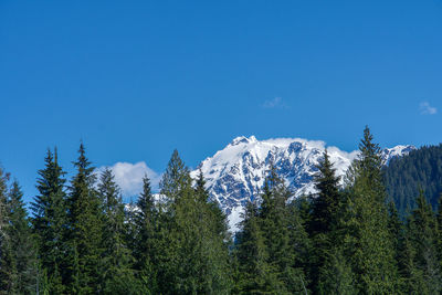 Scenic view of snowcapped mountains against blue sky