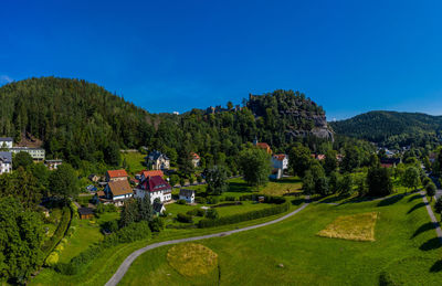 Panoramic view of mount oybin and the ruins of the monastery church and the castle, germany. 