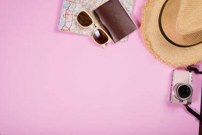 High angle view of hat on table