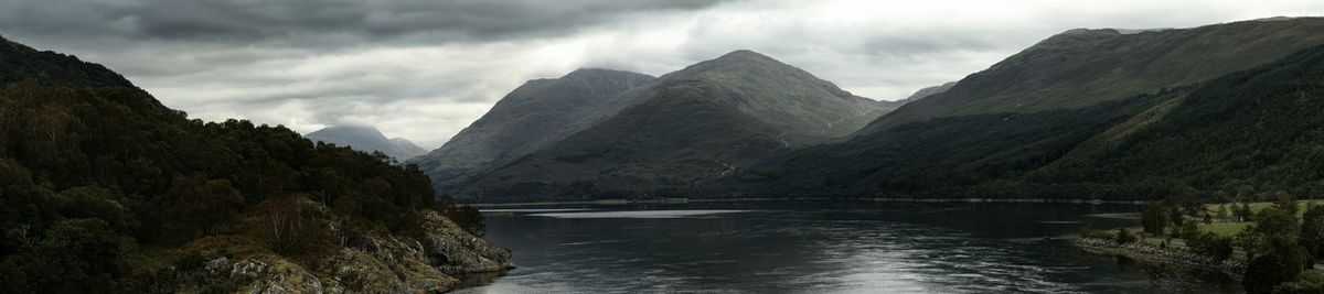Scenic view of lake and mountains against sky
