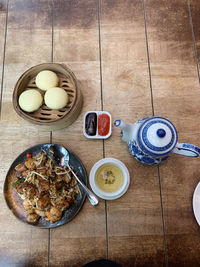 High angle view of breakfast on table