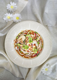 High angle view of salad in bowl on table