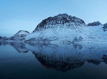 Scenic view of lake and snowcapped mountains against sky