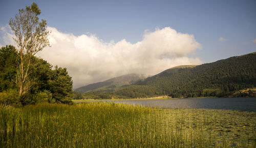 Scenic view of mountains and lake against sky