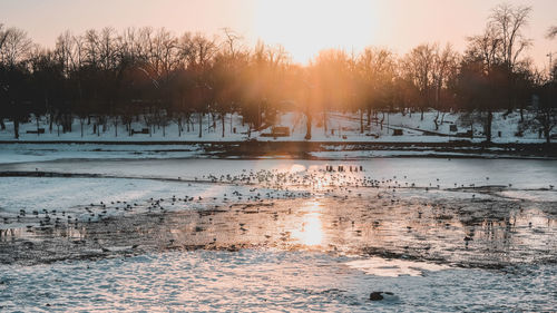 Scenic view of frozen lake against sky during sunset