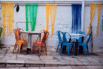 Empty chairs and tables against wall