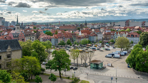 High angle shot of townscape against sky