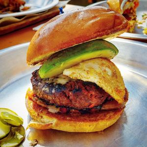 Close-up of burger in plate on table