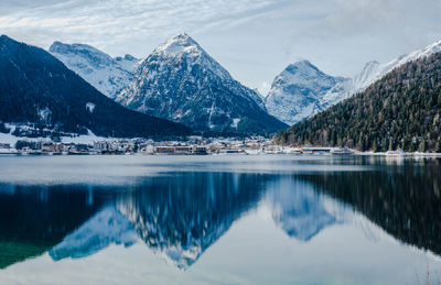 Scenic view of snowcapped mountains against sky