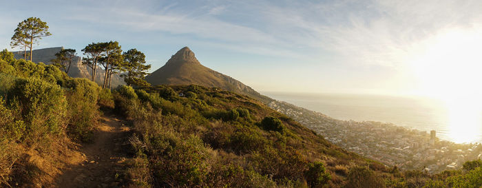 Scenic view of sea and mountains against sky