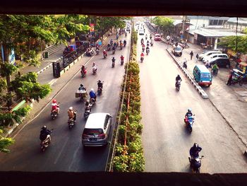 High angle view of people on street in city