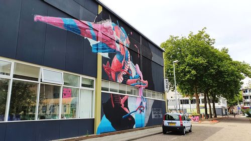 Graffiti on building in city against sky