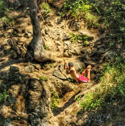 High angle view of man on rock