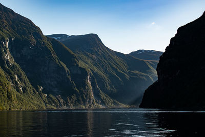 Scenic view of lake and mountains against clear sky