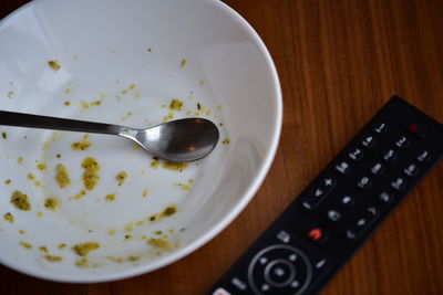 High angle view of meal served on table